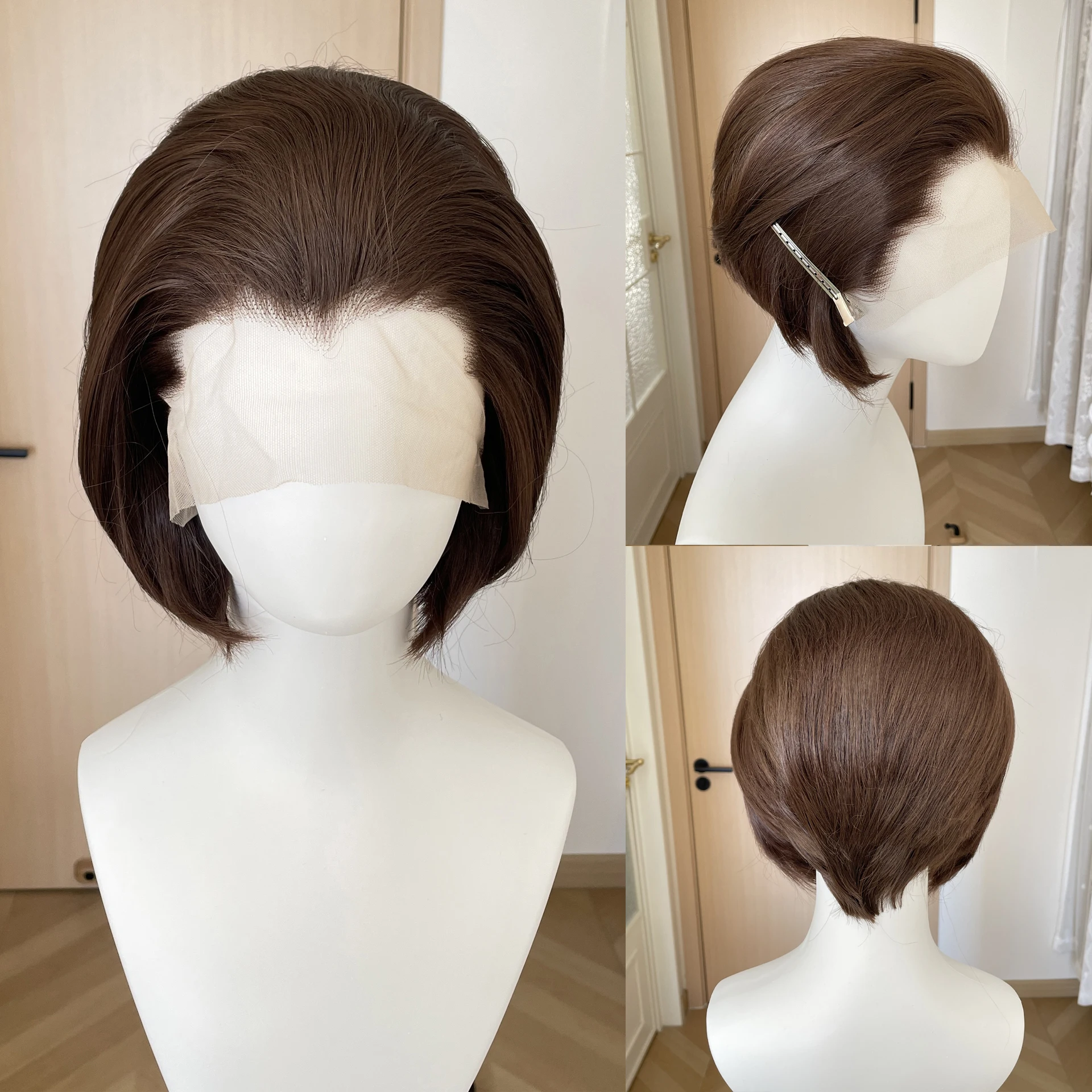 

Short Bob Cut Widow‘s Peak Cosplay Wigs for Women Light Brown Synthetic Wigs for Men 13x4 Lace Front Wigs 150% Density Glueless