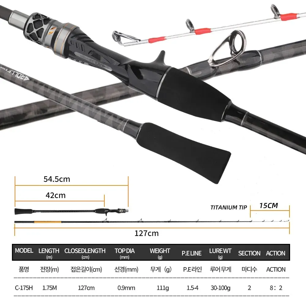 ROLLFISH Titanium Tip Octopus Squid Cuttle Carbon Fiber Casting Fishing Rod Boat Light Slow Jigging Rod Action 8:2 WT111g 1.75M