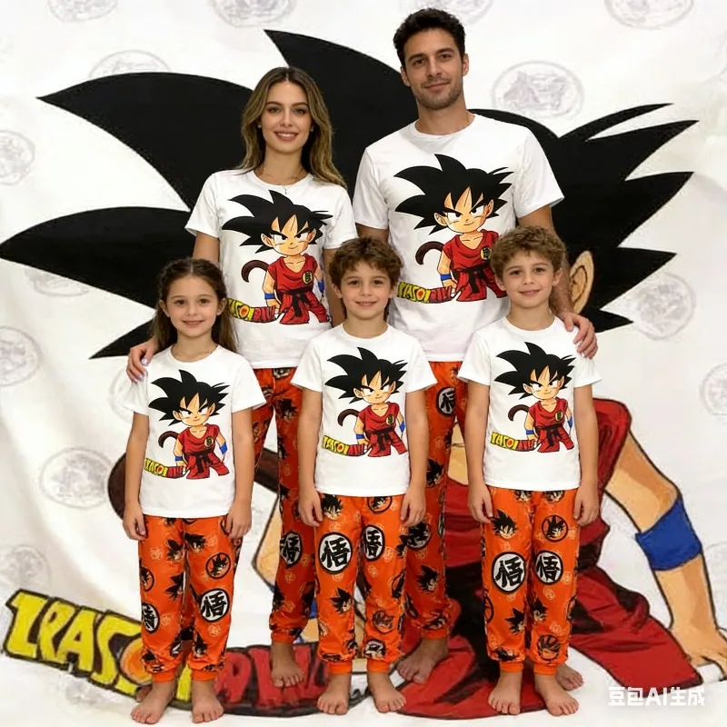 Pyjama-Set Son Goku Kiki Cartoon, passende Familien-Outfits für Jungen und Mädchen, kurzärmlig und mit weitem Bein, für den Sommer, schnell trocknend, bequem