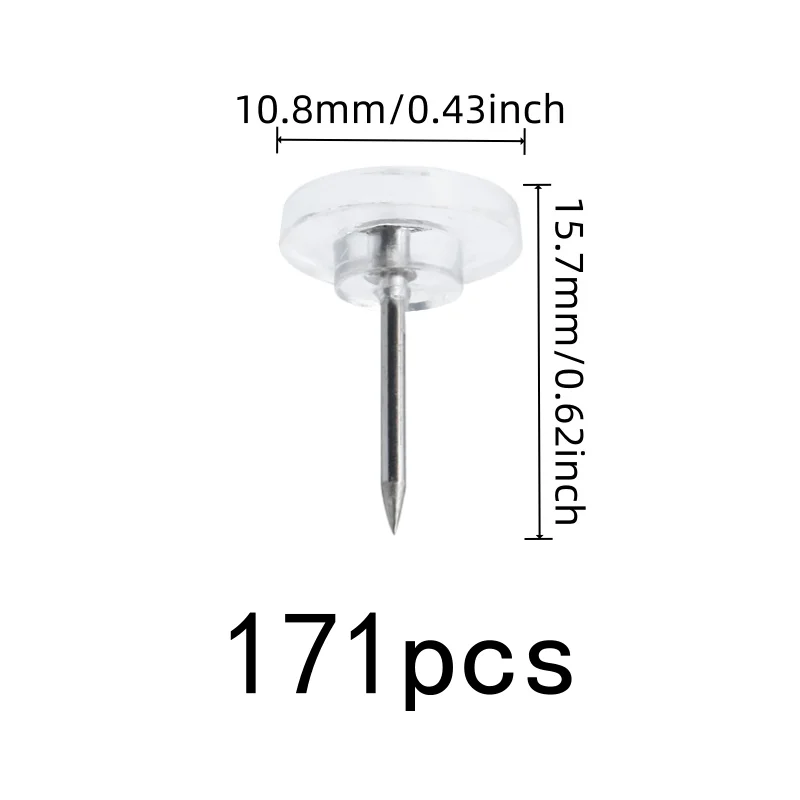 Clear Flat Thumb Tacks 171 pcs, Easy Push Sharp Pin, Reusable Wall Safe, for Photo Picture Pinning, Multipurpose