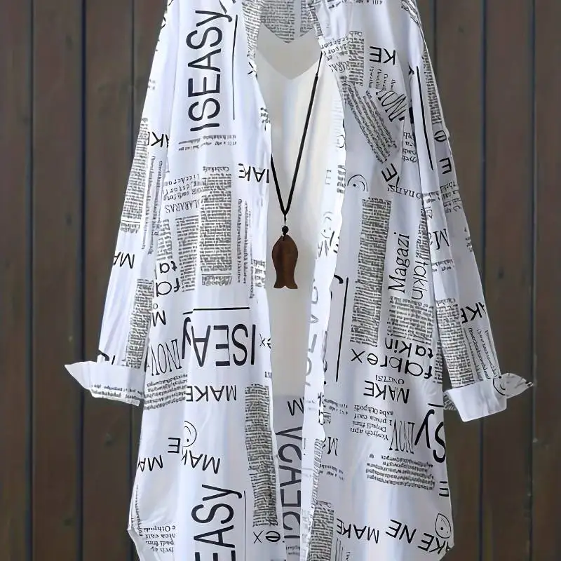 

Plus Size Korean Letter Print Shirt Women - Oversized Casual Long Sleeve Top | Unique Graphic Tunic Shirt New Arrival