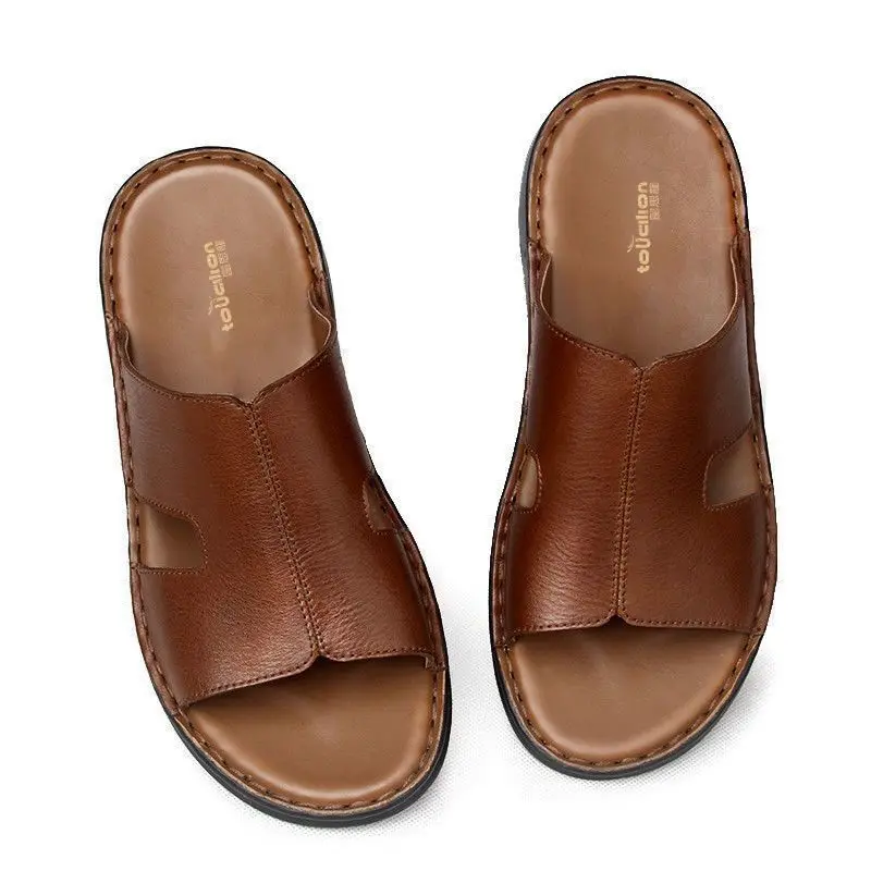شبشب صيفي من الجلد الطبيعي للرجال - نعل ناعم غير قابل للانزلاق مريح للارتداء اليومي غير الرسمي في الهواء الطلق