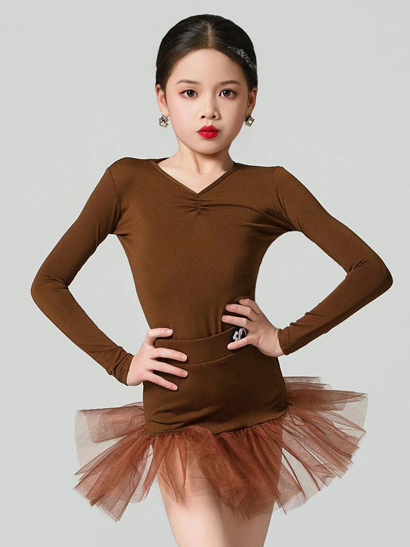 

Children Long Sleeve Professional Flower Latin Dance Costumes Girls Kids Competition Big Skirt Stage Performance Dancewear