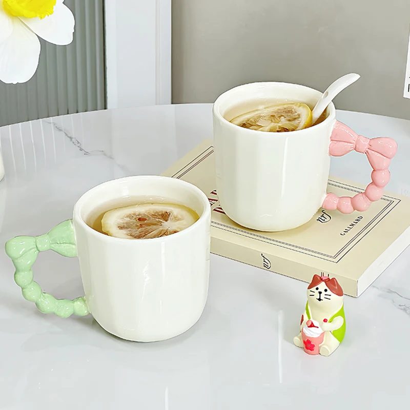 Bow Handle Ceramic Cup New Household 200ml Splicing High Aesthetic Exquisite Coffee Mugs Creative Textured White Breakfast Cup