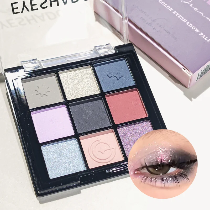 Neunfarbige Lidschatten-Palette, blau, lila, silberfarben, schimmernd, matt, rauchiger Stil, wasserfest, für Bühnenpartys, Performance-Make-up