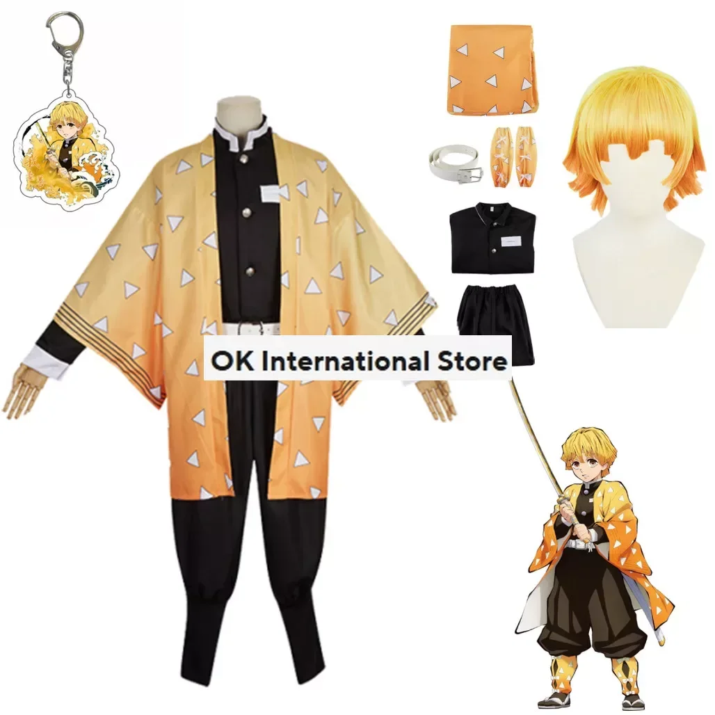 Demon Slayer Agatsuma Zenitsu Cosplay Costume Anime Kimetsu No Yaiba Zenitsu Wig Adult Kids Kimono Uniform Halloween Costume