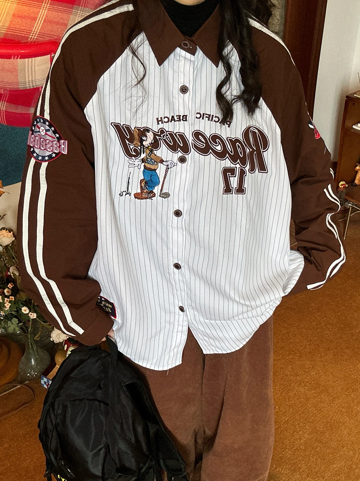 

Ретро-кардиган в американском стиле с полосками, свободного кроя, с длинными рукавами, для женщин, весна 2026, с воротником, дышащий, удобный, повседневная одежда