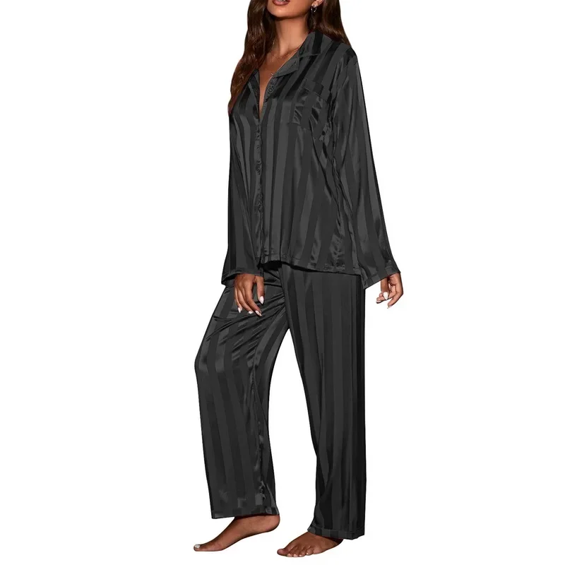 Women\'s striped pajama set, solid French silk satin pajamas, two piece set, comfortable home pajamas