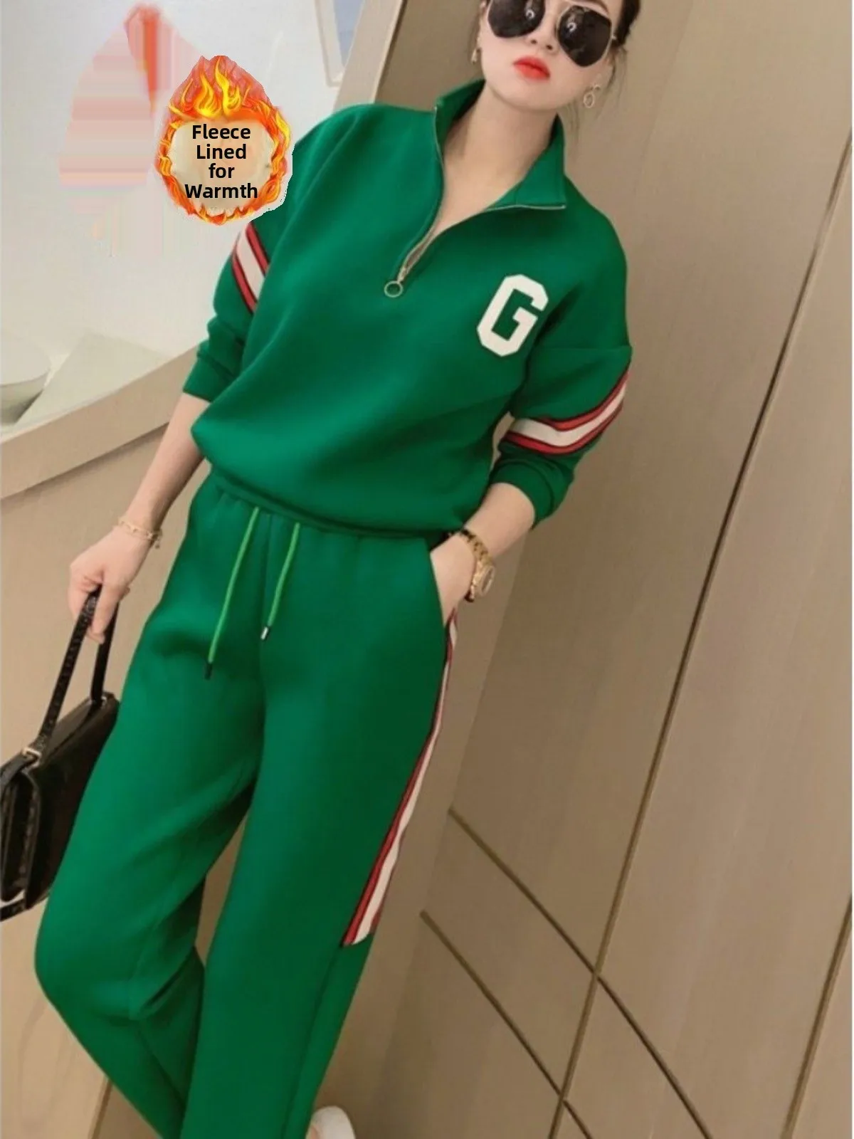 

Women's Fleece Lined Casual Sportswear Set with Color Block Design Fashionable Hoodie Top And Cuffed Pants Two Piece Suit