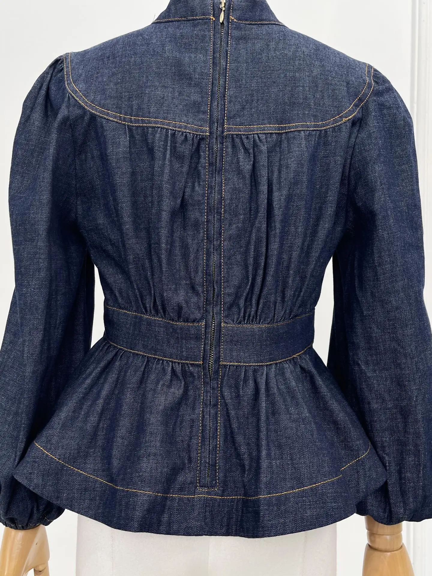 

Denim Deep V Neck Blouse Tops and Navy Blue Denim Pants Sets 2025 Cotton High Quality