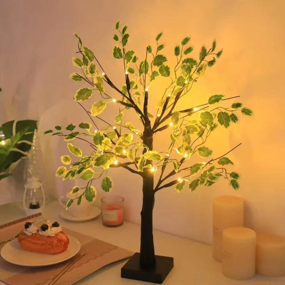 Artificial Green Leaf Birch Tree Light Battery Powered Tabletop Lamp Decorative Tree for Bedroom Office Party Home Decor