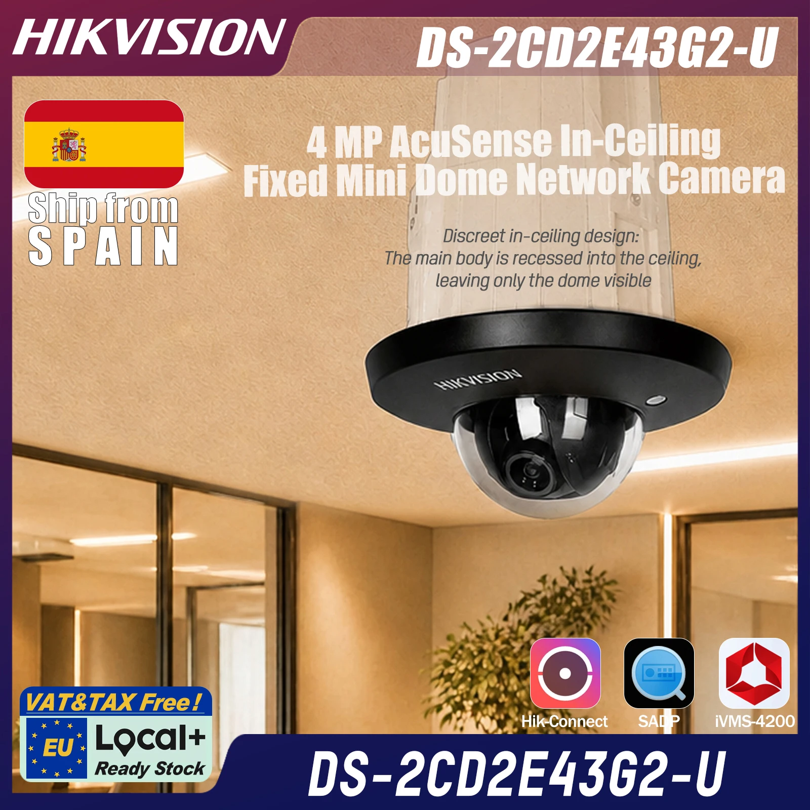 DS-2CD2E43G2-U Hikvision telecamera Mini Dome fissa da incasso soffitto 2.8mm 4MP AcuSense, 120dB WDR, H.265+, classificazione uomo/veicolo, microfono integrato, slot scheda 512GB, PoE