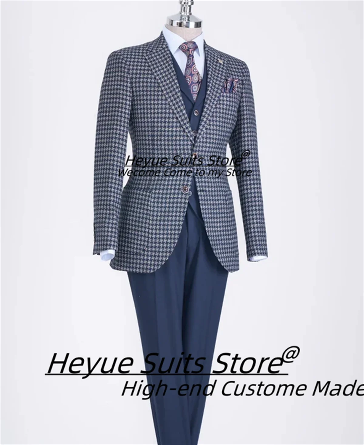 Italian Style Blue houndstooth Men Suits Customized Classic Slim Fit 3 Pieces Sets Male Dinner Blazers Formal Prom Man Tuxedos