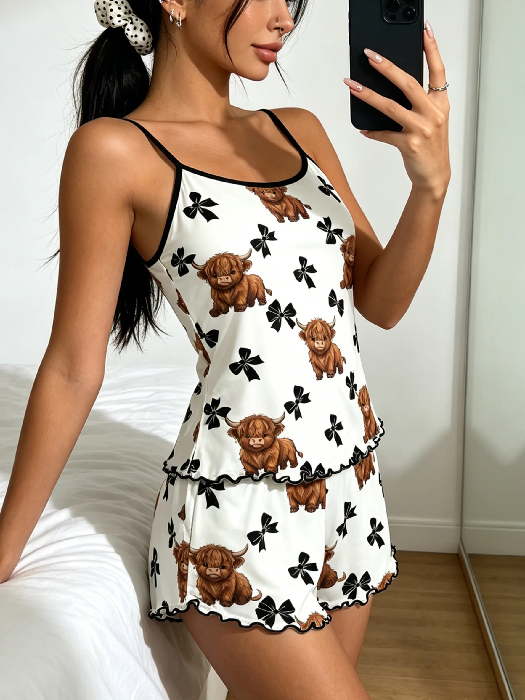 Conjunto de Pijama para Mujer con Estampado de Vaca de las Tierras Altas, Tirantes Finos, Volantes, Cuello Redondo, Camiseta sin Mangas y Pantalones Cortos, Primavera, Verano, Otoño