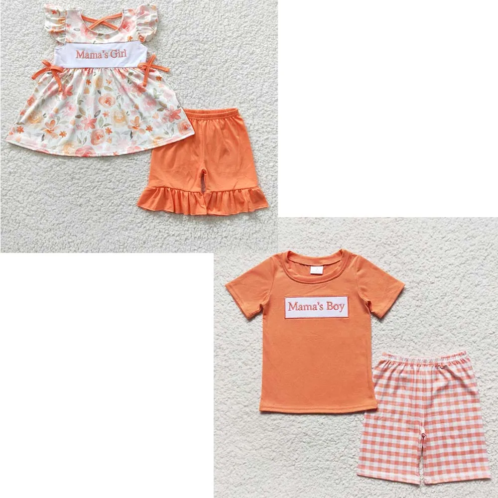 

Wholesale Mama's Boy Girl Summer Short Sleeves Embroidery Set Cotton Chicken Shirt Kid Shorts Children Floral Matching Outfit