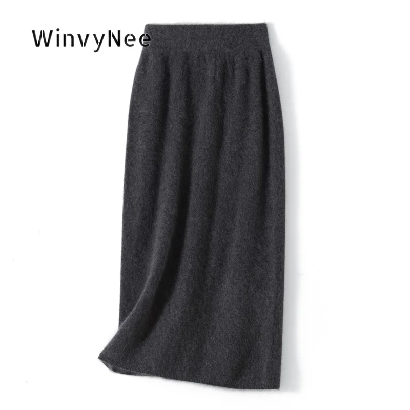 WinvyNee Women Midi Skirt Cashmere Relaxed Fit Brushed Fabric Elastic Waist Urban Ensemble Formal Wear Warm Knit Bottom E1743004