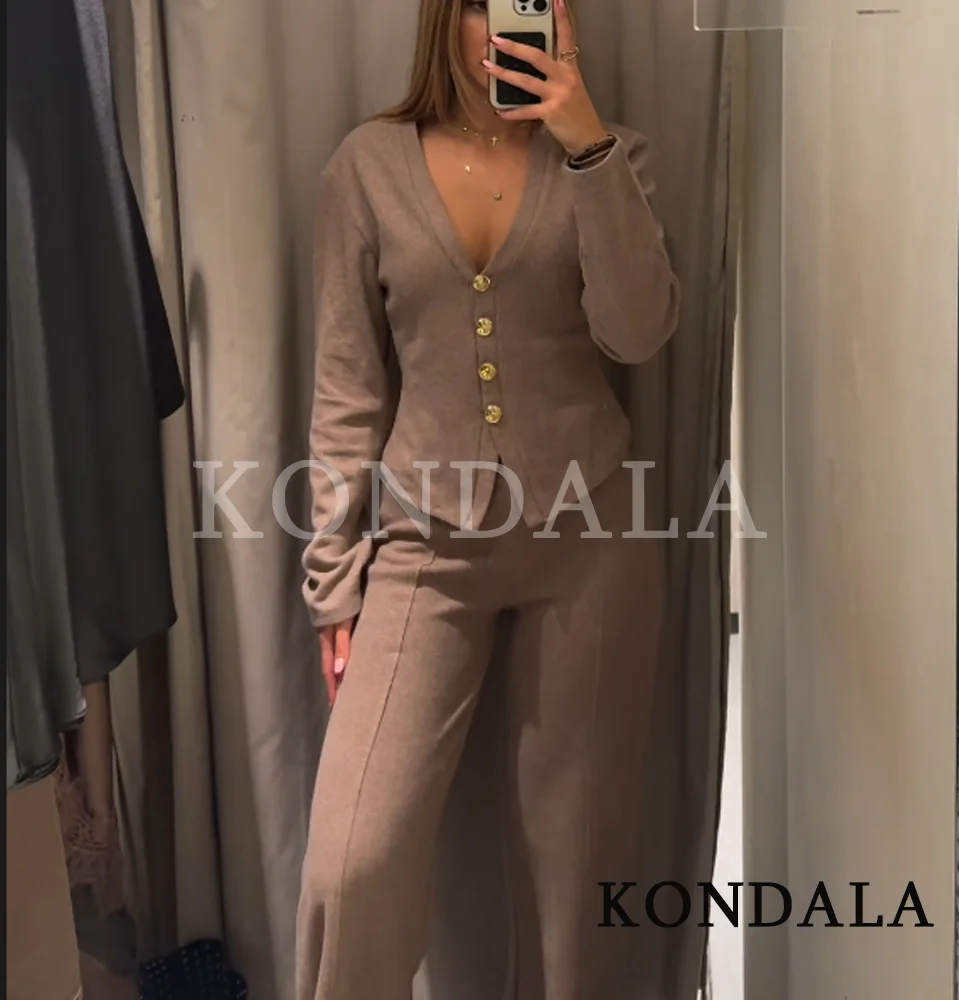 KONDALA خريف أنيق عادية محبوك فستان أطفال مع سروال داخلي المرأة أزرار طويلة الأكمام سترة بنطلون 2 قطعة مجموعة 2025 موضة الإناث مجموعة