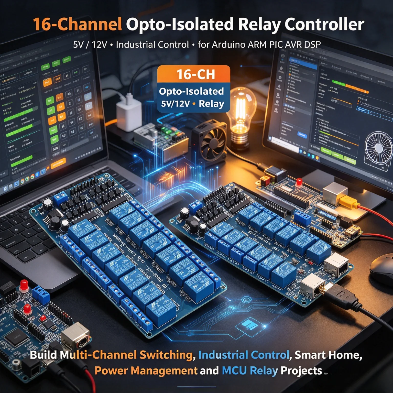 5Pcs 16-Channel 5V/12V Relay Module, Opto-Isolated for Arduino ARM PIC AVR DSP