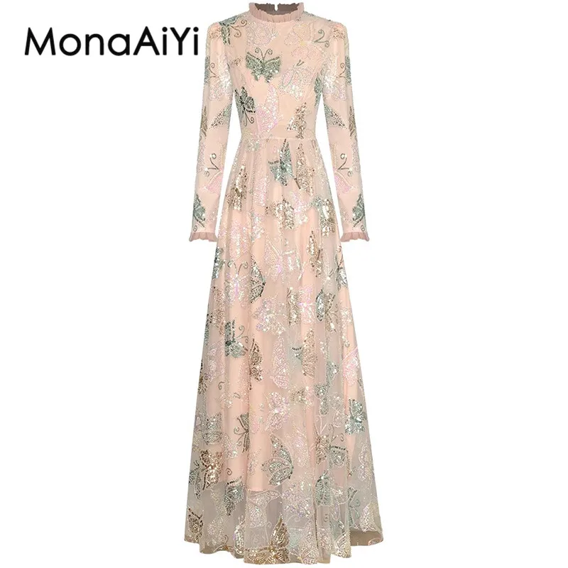 MonaAiYi New Fashion Designer Women's Extravagant Autumn Round Neck Long Sleeves Butterfly Sequin Nail Bead Dress