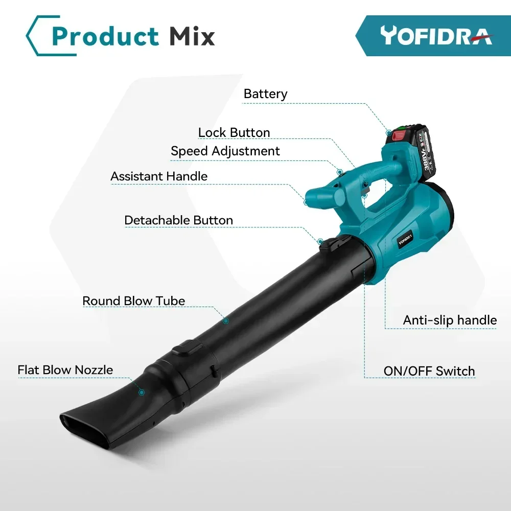 Yofidra 2000W Electric Blower 6 Gears Adjustable Cordless Leaf Blower Clean Fallen Leaves Dust Snow Tool For Makita 18V Battery