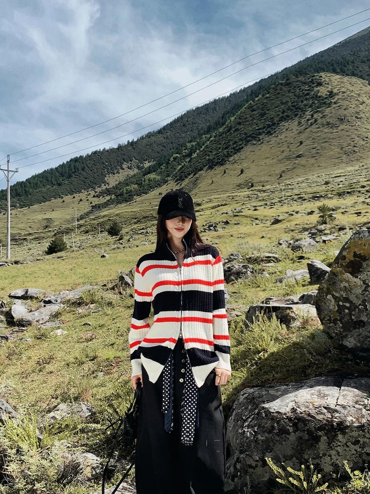 

Женский приталенный кардиган в полоску с двойной молнией, модный, для повседневной носки, вязаный, утепленный, осенне-зимняя новинка