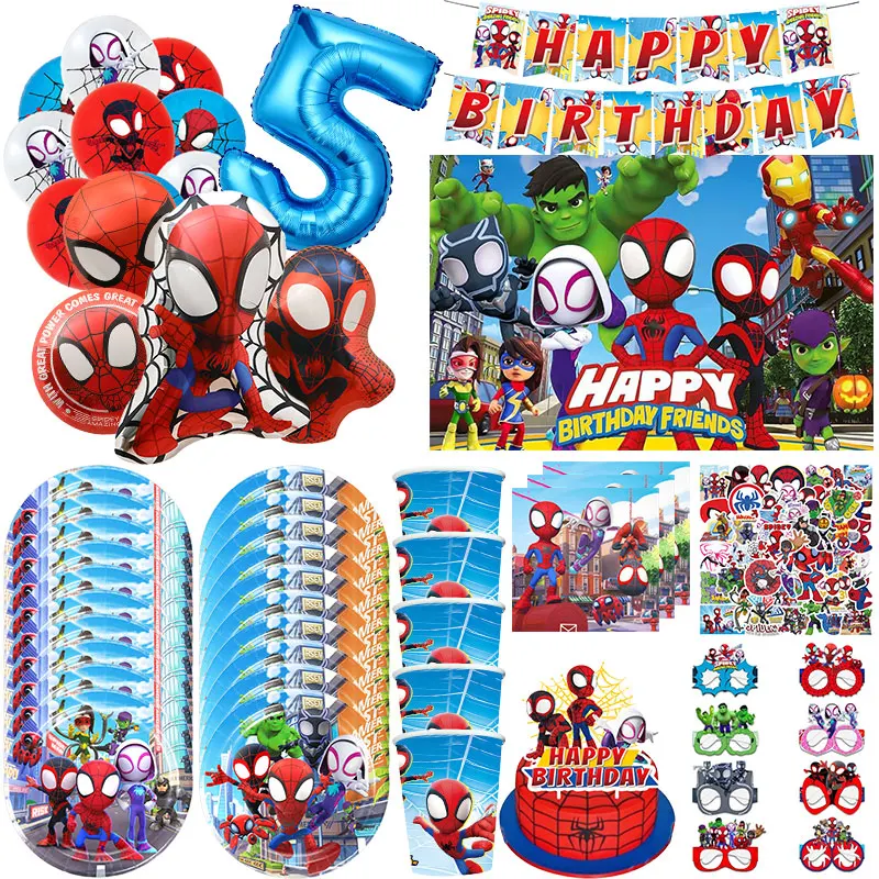 Ensemble de décorations pour fête d'anniversaire Spidey et ses amis, comprenant gobelets, assiettes, ballons, bannière, toile de fond, sacs cadeaux et fournitures pour garçons
