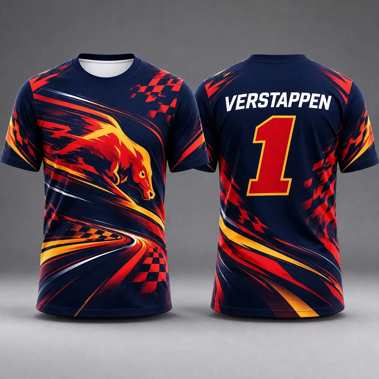 Formula 1 Max Verstappen T-Shirt Crew Neck Front Back Print Bull Pattern Motorsport Casual T-Shirt