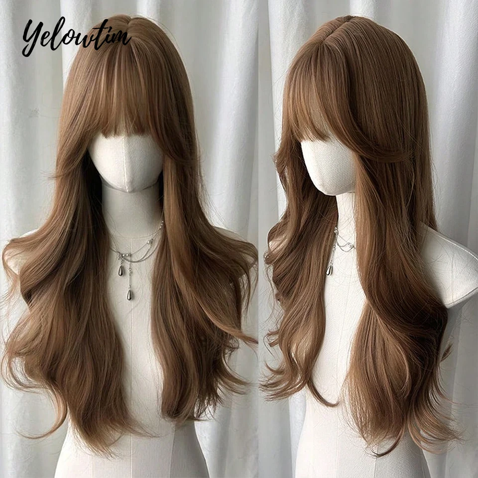

Yelowtim Honey Brown Long Straight Synthetic Wigs with Bangs Cosplay Wig for Women High Temperature Natural Fake Hair Black Wig