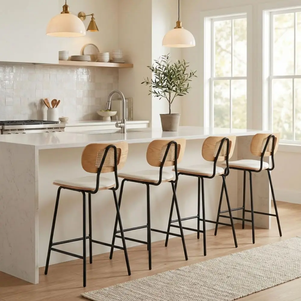 

Набор из 4 барных стульев, 26 дюймов, сиденья из искусственной кожи, спинка из ротанга, металлические ножки, без подлокотников, для кухонного острова или столовой