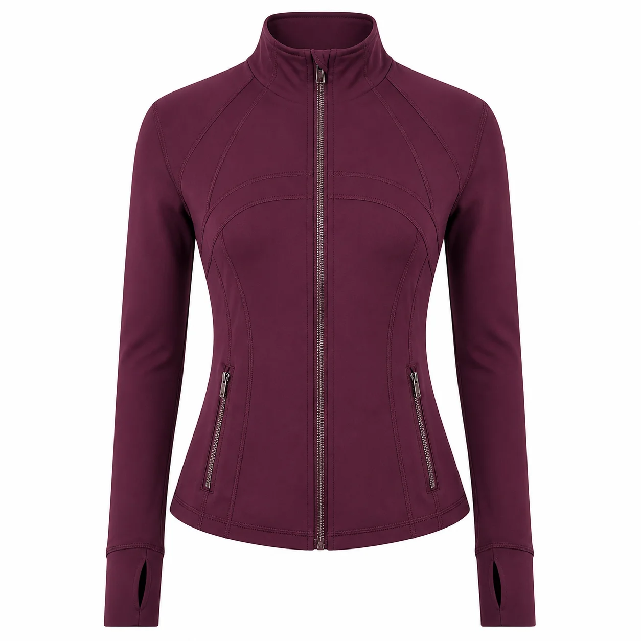 Women's Burgundy Slim Fit Full Zip Sports Jacket Stand Collar Long Sleeve Running Yoga Workout Outerwear Style P042