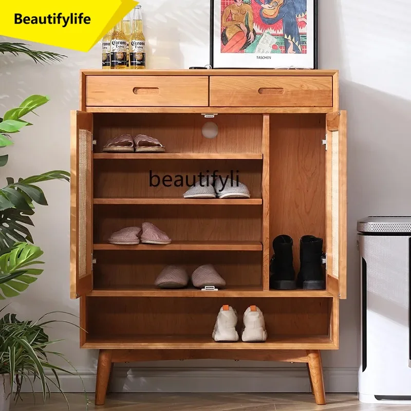 

Japanese Style Simple Solid Wood Shoe Cabinet Cherry Wood Rattan Vintage Storage Cabinet Partition Entrance Organizer Cabinet K1