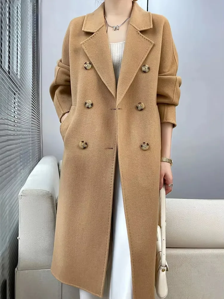 Fashion Women's 90% Wool Coat Lapel Loose Double Breasted Full Sleeve camel Blends Overcoat Winter 2024 New