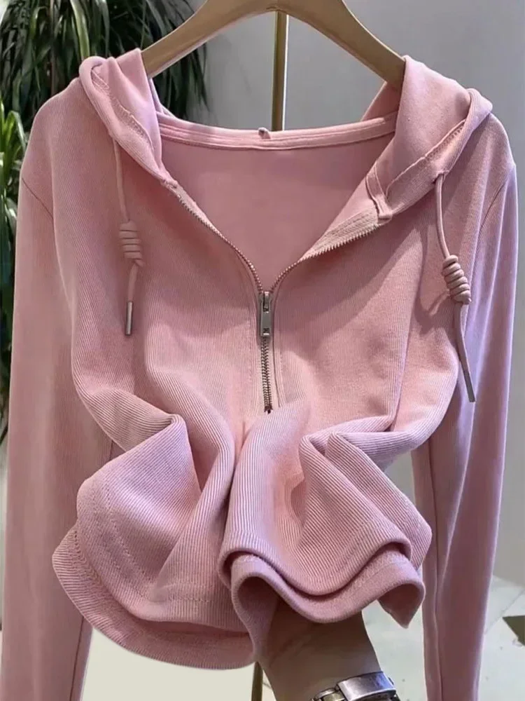 Primavera/otoño nuevo Color sólido con capucha de manga larga Sudadera con capucha de las mujeres Rosa Casual Top coreano sudaderas para mujer