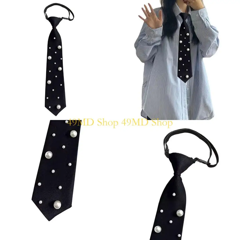 49md-女性高級真珠アクセントネクタイポリエステル生地事前に結ばれた黒のネクタイビジネスプロフェッショナルまたはカジュアルな服装