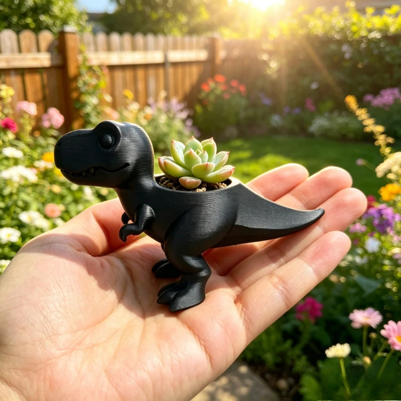 Mini T-Rex Dinosaur Flower Pot - Retro 3D Printed Plastic Flower Pot, Suitable for Cacti and Herbs, Cute Flower Pot/Outdoor Decoration, Great Gift Choice, T-Rex Designed Window Sill and Tabletop Ornament