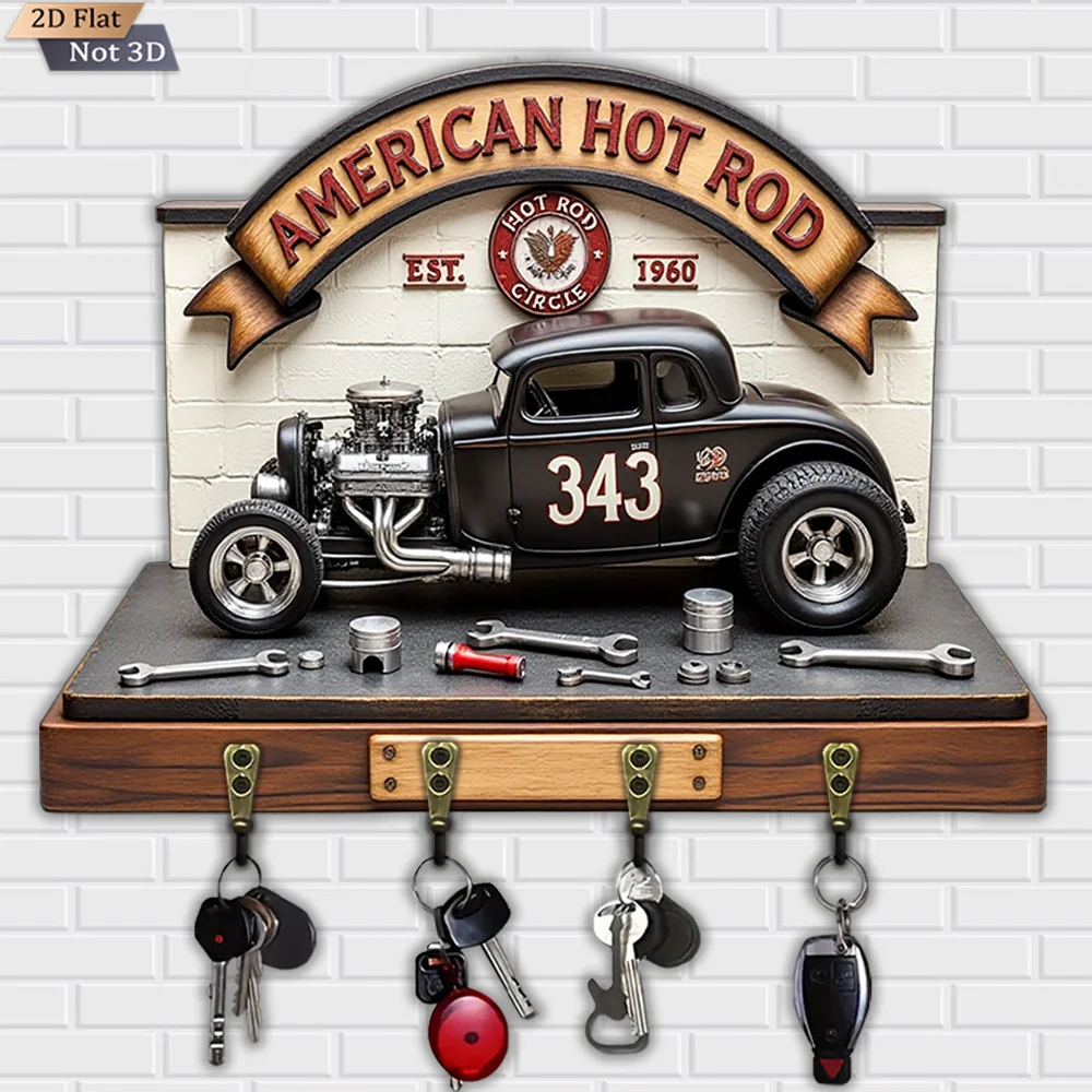 2D-Flat-Design, ein montierter amerikanischer Hot Cone-Autoschlüsselhaken, multifunktionaler Haustür-Schlüsselhaken aus Holz mit vier Metallhaken, Wand