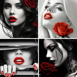Girl Black White Art Red Lip DIY 5D Full Drill Diamond Art Painting Kit ,Resin Square Rhinestone Embroidery Cross Stitch Art