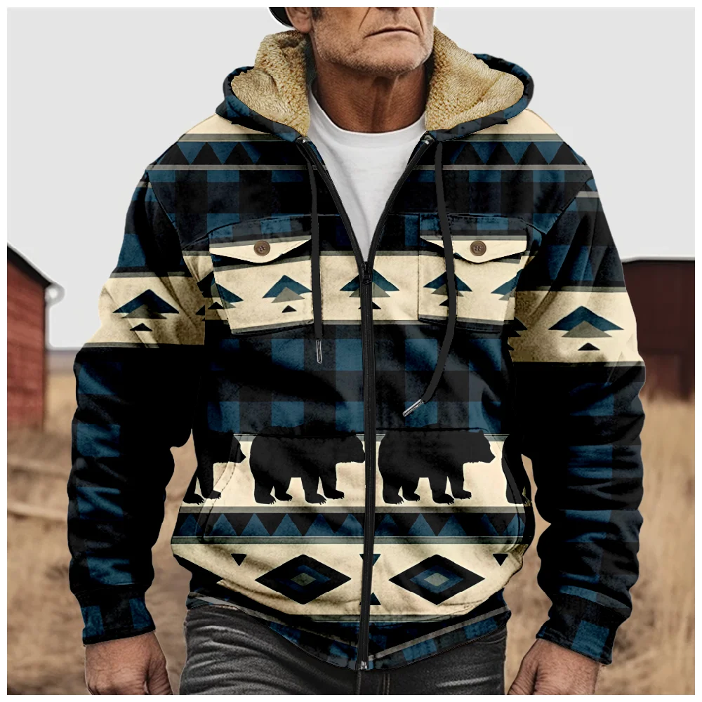 Heren Fleece Lange Mouwen Rits Hoodies Vintage Prints Retro Patroon Parkas Jas Winter Voor Heren/Dames Bovenkleding