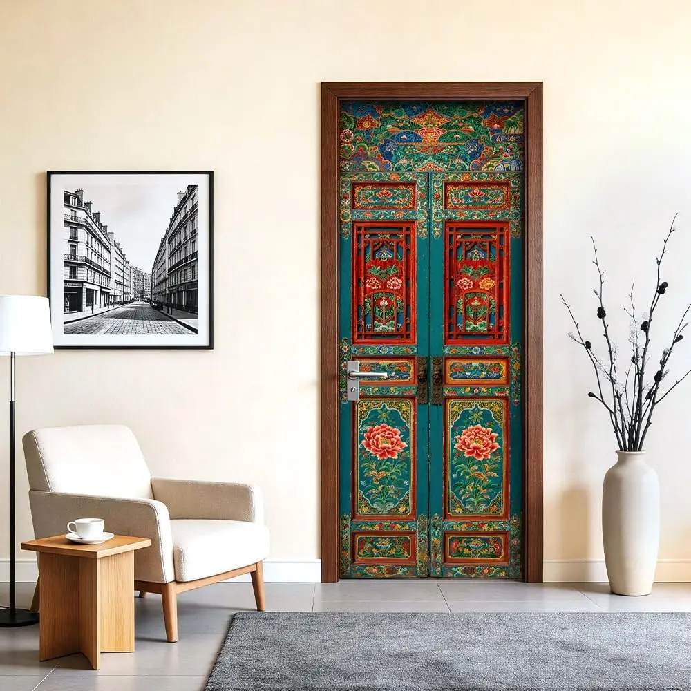 Traditional Chinese Floral Door Sticker, Ethnic Folk PVC Waterproof Self-adhesive Mural, Removable Home Decor