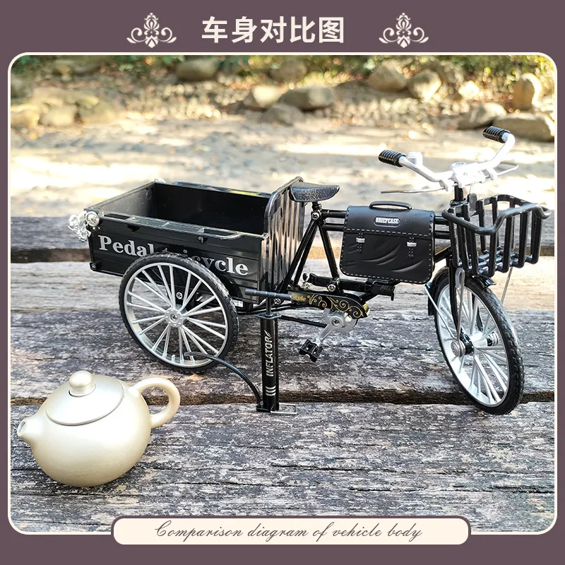 1:10 New Mini Alloy Retro Three wheeled Flatbed Bicycle Metal Diecast Classic Tricycle Model Toy Simulation Collection Gifts