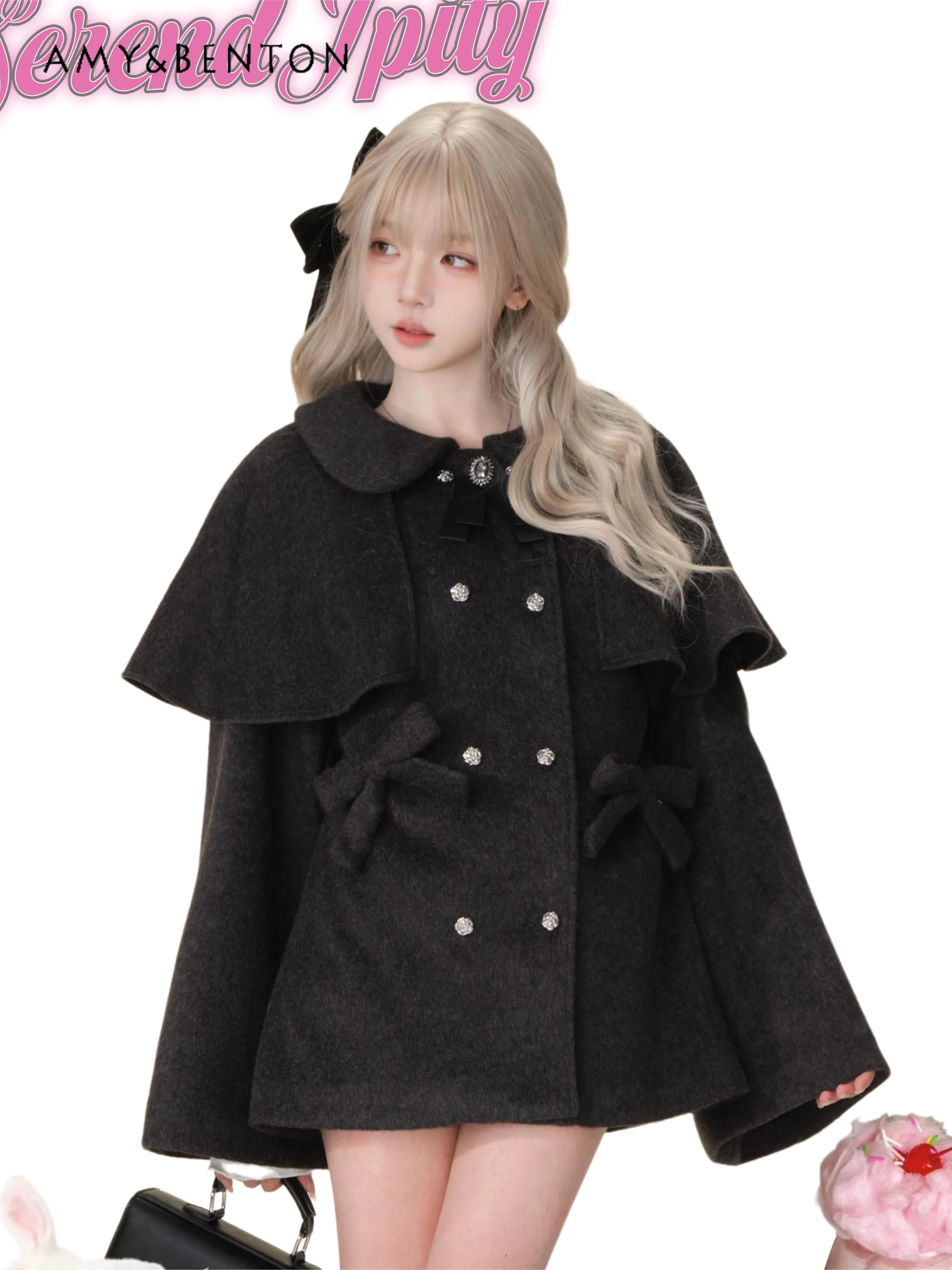 Elegant Temperament Princess Cape Wool Coat Women Autumn Winter New Sweet Cute Bow Lapel Double-breasted Slim Black Woolen Coat