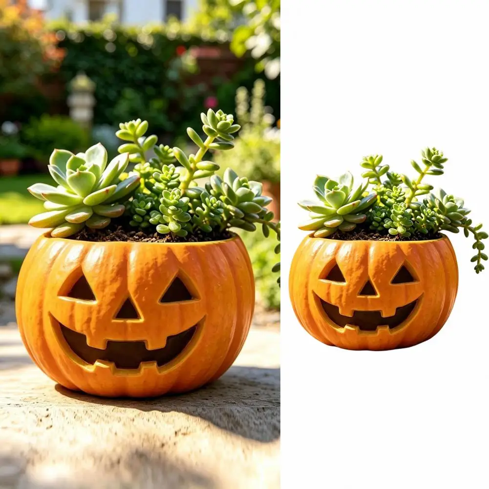 S Holder for Fall Home Decor Halloween Pumpkin Planter Pot Jack-o-lantern Flower Container Resin Decorative Holder for Indoor
