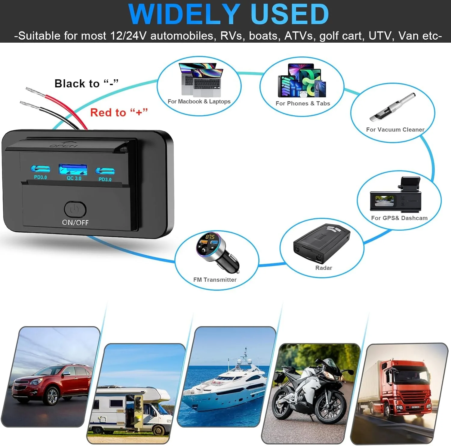 3 Ports 12V RV USB Outlet 72W Dual USB C 36W and Dual QC 3.0 18W Port Car Charger Socket Accessories for Car Bus RV Truck