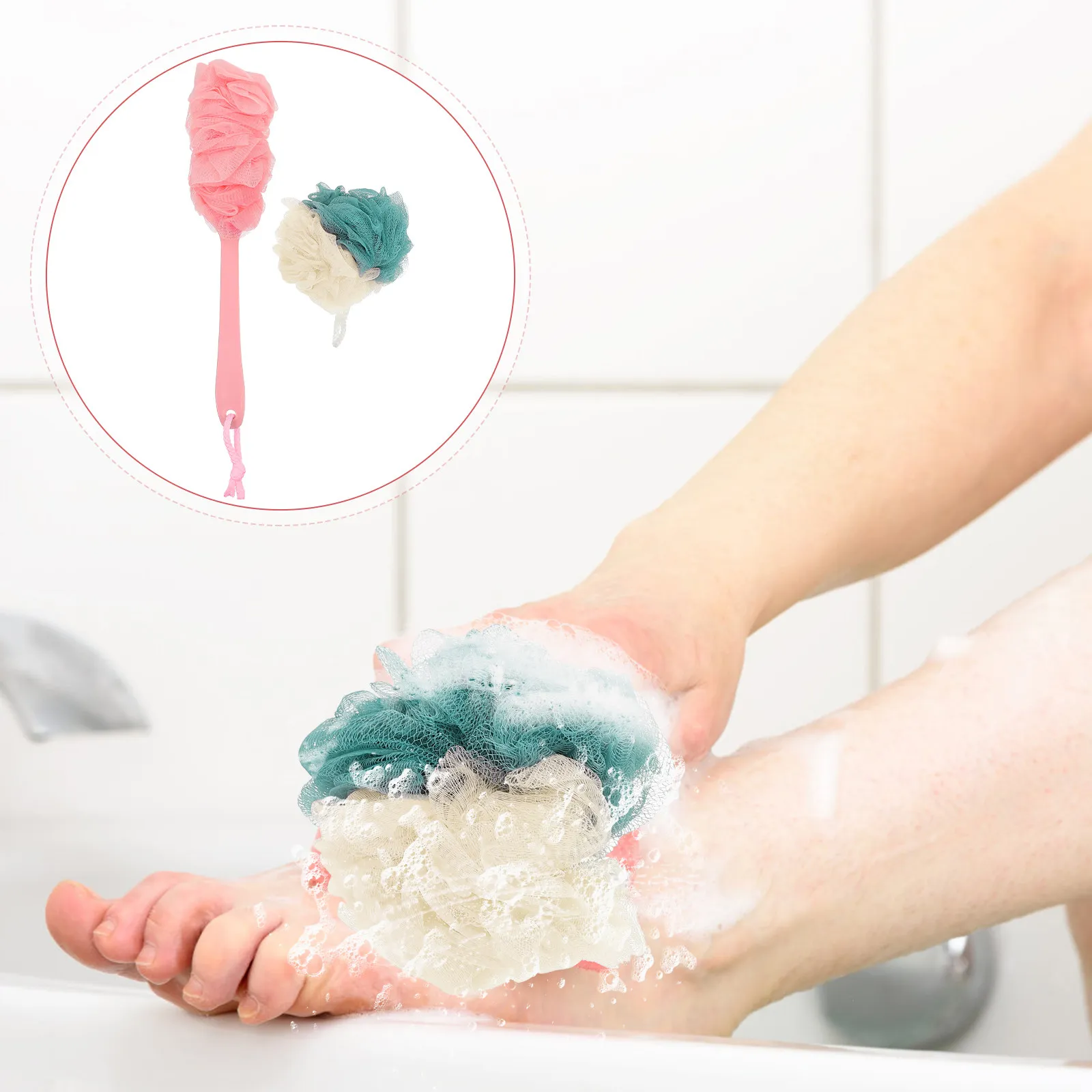 

4Pcs Shower Scrubber Set Long Handle Bath Ball Exfoliator Back Brush Soft Bristles for Full Body Cleansing Massage