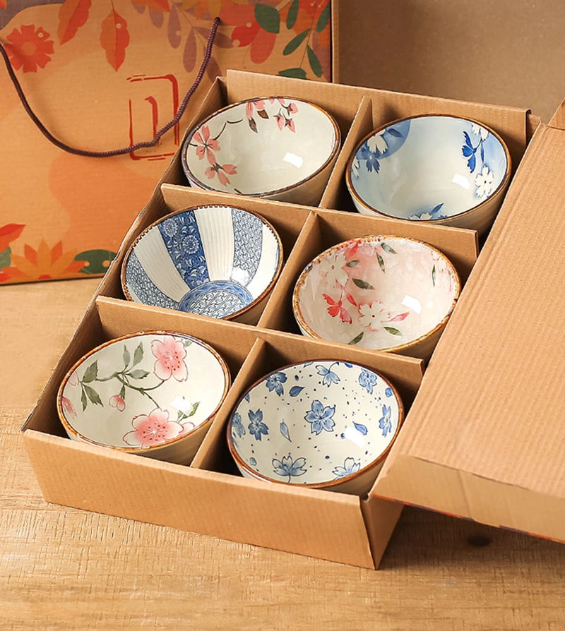 Kitchen 6PCS Bowl Creamic Round Salad Dish Tableware For Household Gift Set Janpanese Rice Soup Hand-Printing Home Supplies