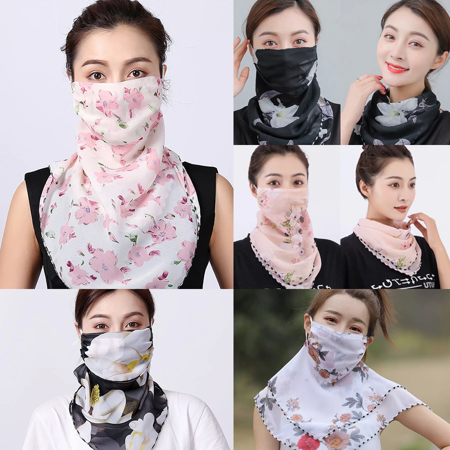 Summer Neck Collar Scarf Sun Protection Mask Elegance Women Floral Chiffon Silk Bib Breathable Balaclava Neck Cover Mask