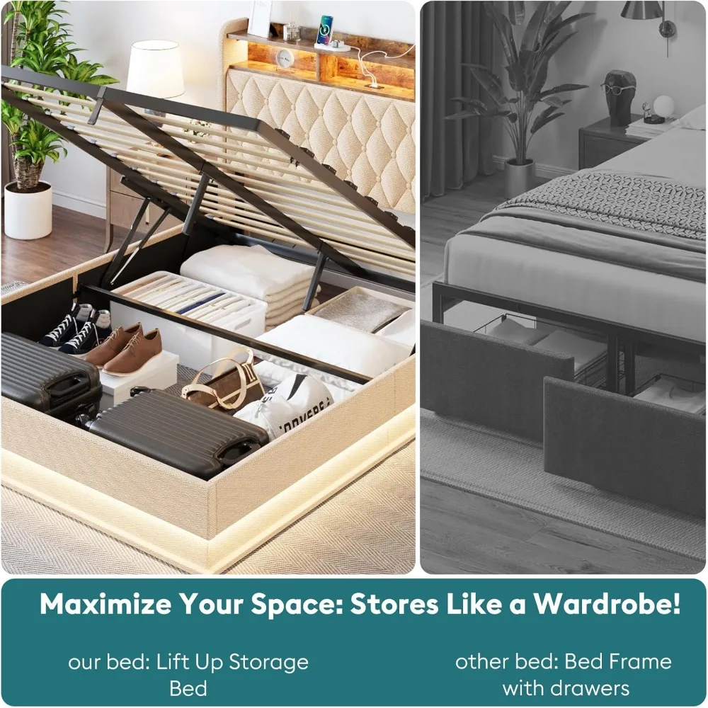 إطار سرير منجد بالحجم الكامل مع مساحة تخزين، وسرير بمنصة رفع مع لوح رأسي وأضواء LED ومحطة شحن