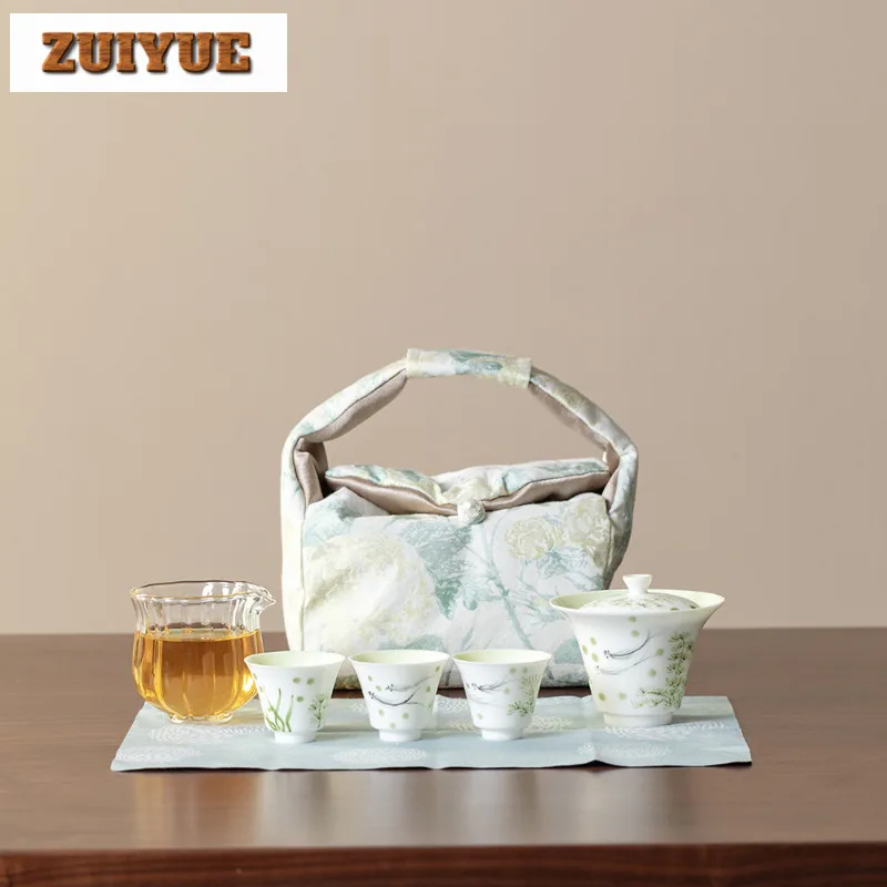 

Hand-painted Water Grass Fish Travel Tea Set Kit Elegant 1 Bowl 3 Cups Tea Maker Organizer Portable Camping Tote Bag Ornaments