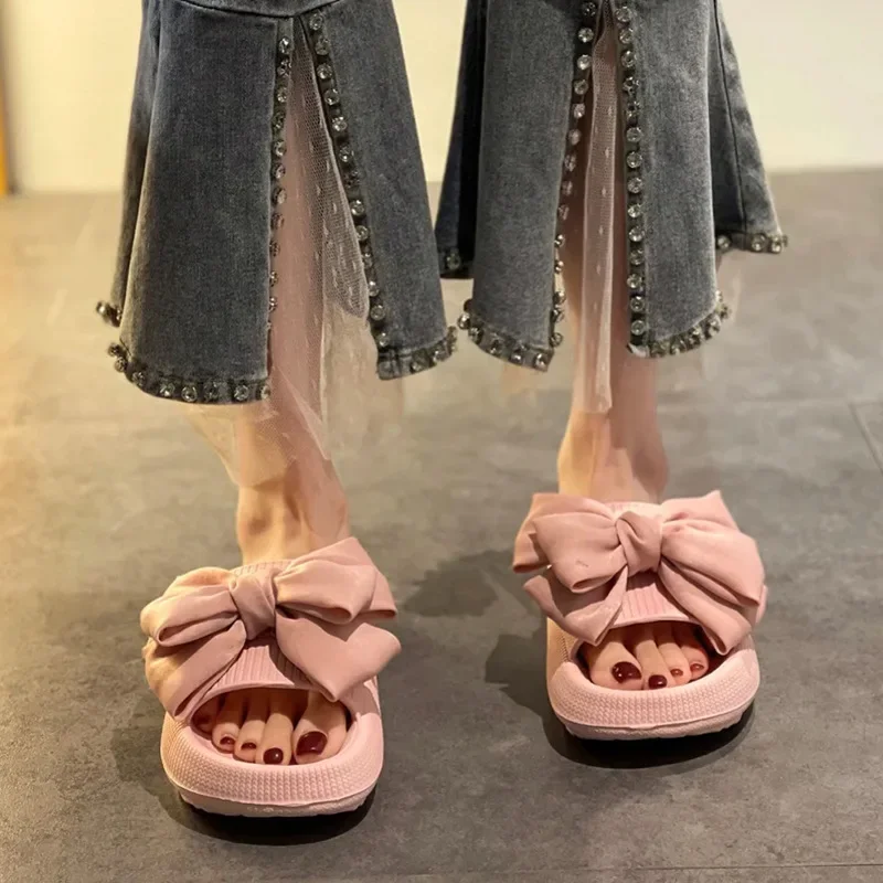 Non-slip Thick-soled High-heeled Slippers with Shit-feeling Sandals New Style Fashion Outer Bow Slippers for Women Summer Home