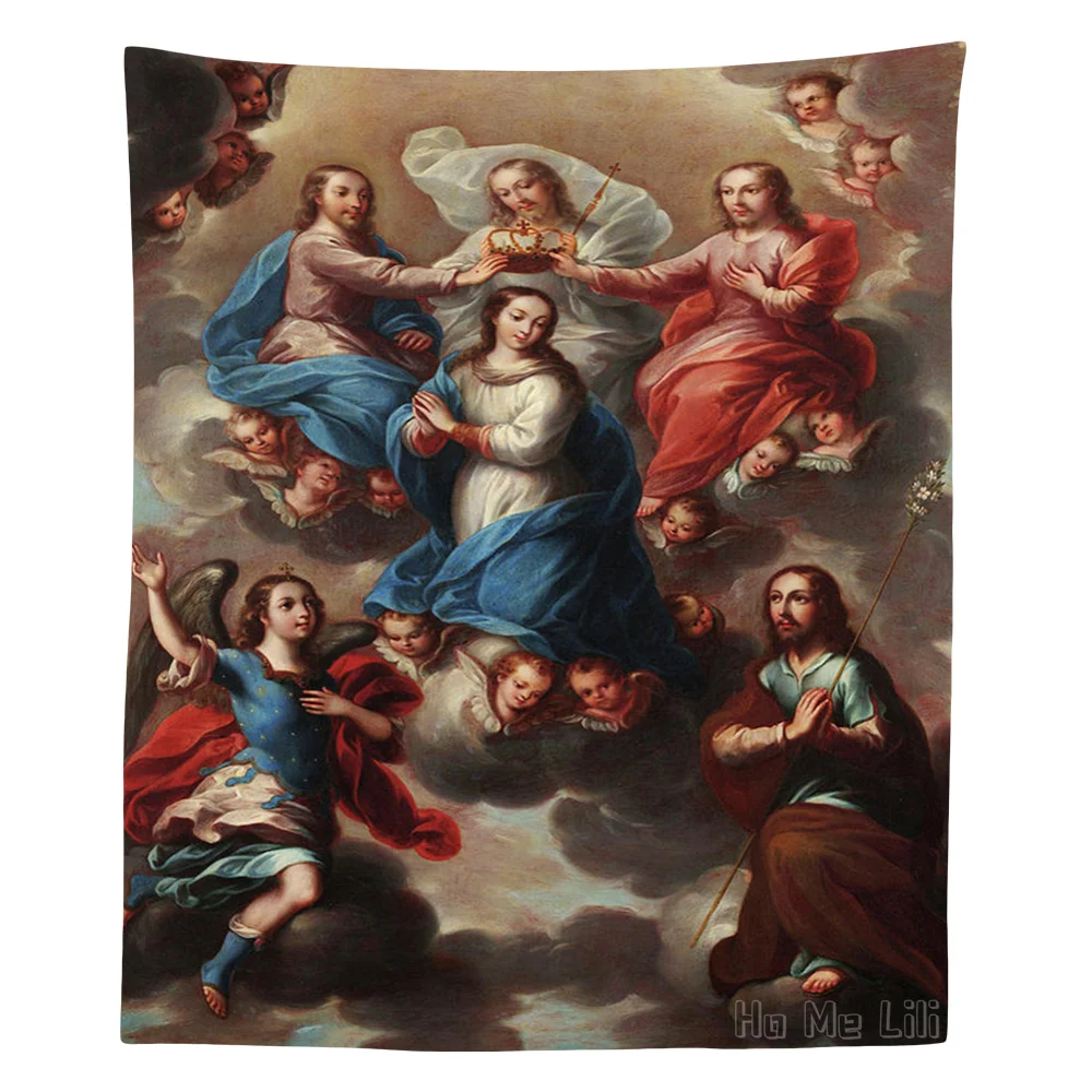 Tapiz vintage de arte religioso con la corona de la Virgen de Ho Me Lili para decoración del hogar, dormitorio y sala de estar